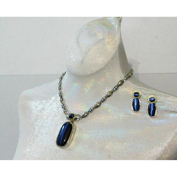 Vintage Two-Tone Necklace Blue Pendant Matching Pierced Earrings Set - Picture 3 of 11